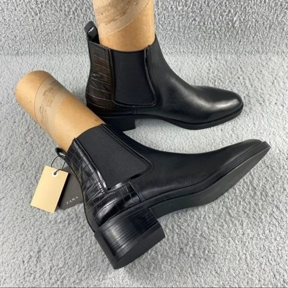 NEW zara bootie black leather ankle boots elastic GUSSET pull on womens 11 EU 42 - Picture 16 of 16